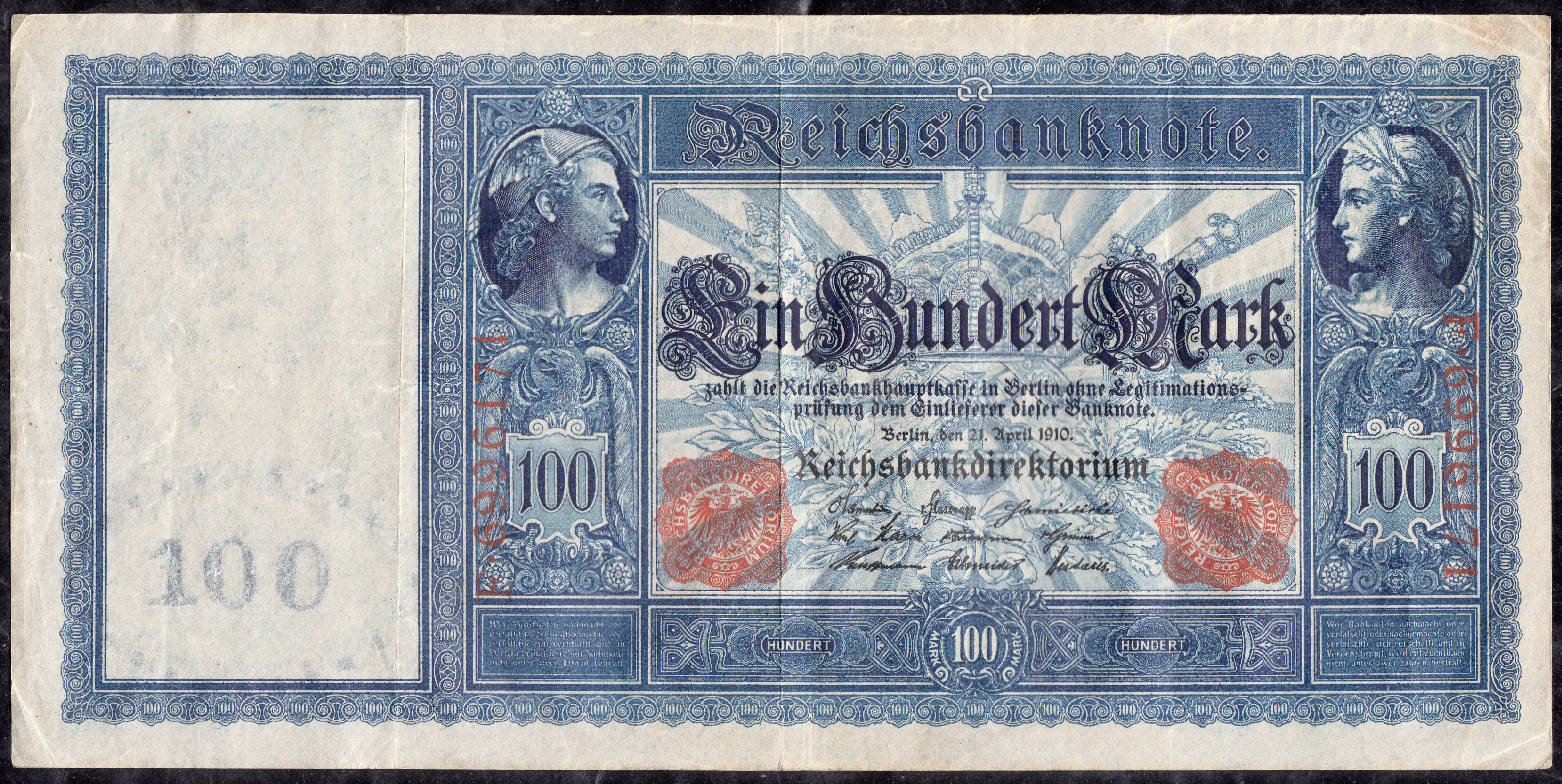 1910 Imperial Germany 100 Mark Reichs banknote 7 Digits Red Seals  Watermark : Head Kaiser Wilhelm I.