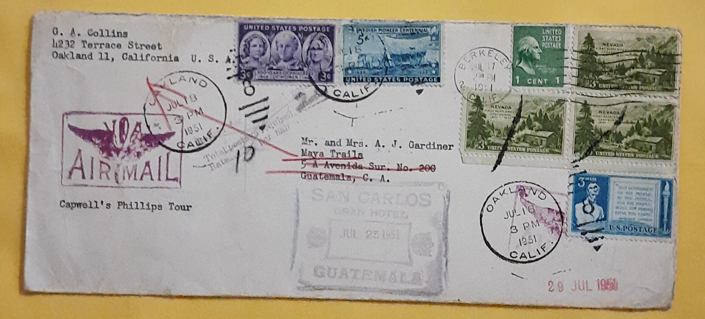 1951 AIR MAIL USED COVER FROM CALIFORNIA TO GUATEMALA SEAL ON THE COVER  HOTEL SAN CARLOS