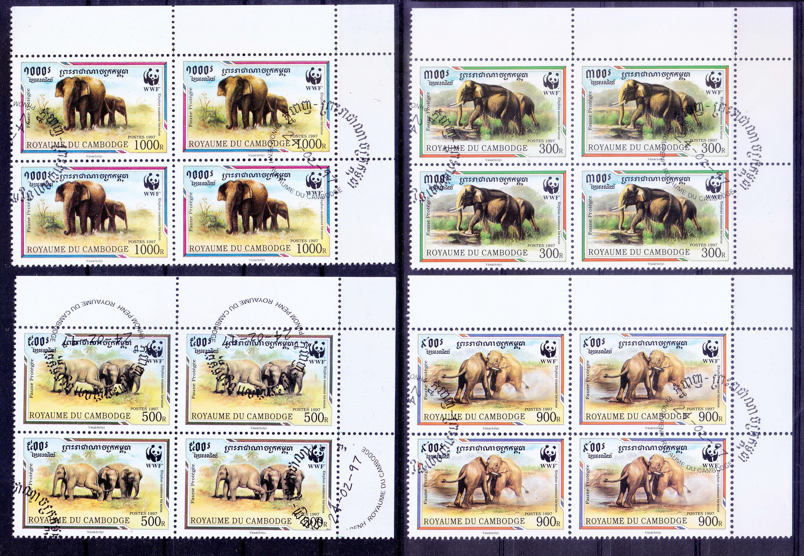 Elephants, WWF, Wild Animals, Cambodia 1997 MNH Cancelled 4v in Rt Up  Corner Blk