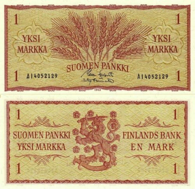 FINLAND 1 MARKKA 1963 PRE EURO WHEAT EAR UNC BANK NOTE