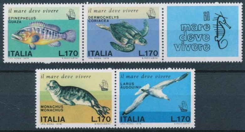 Italy 1978 MNH 4v+Tab, Endangered Animals, Turtles, Birds, Fish