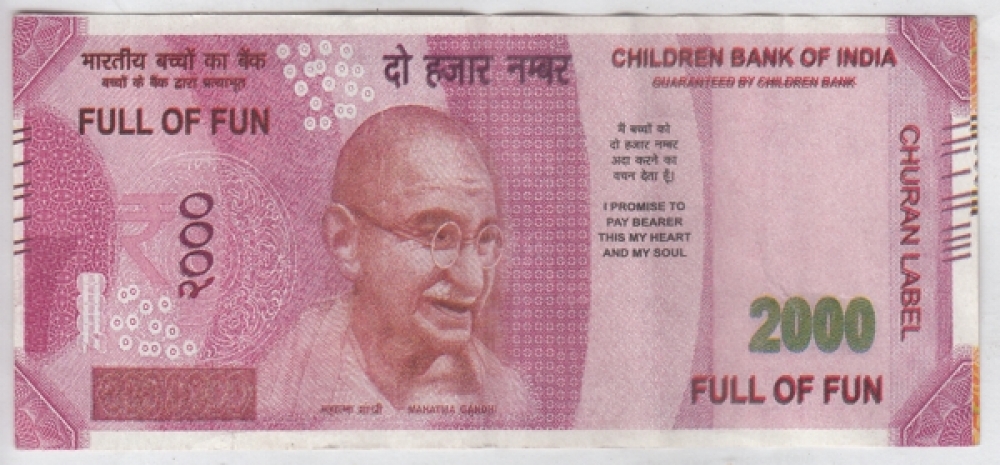 Mahatma Gandhi Full Of Fun Banknote 2000 Number Churan Label V Fine  Condition # 29314 d